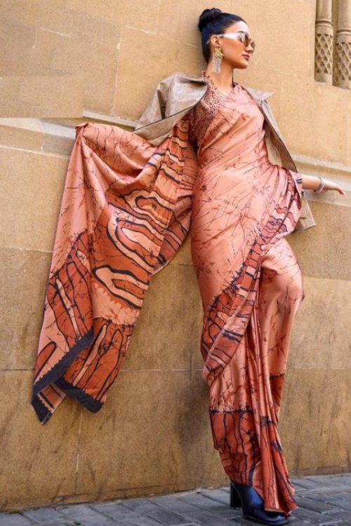 Peach Casual Woman Satin Printed Saree