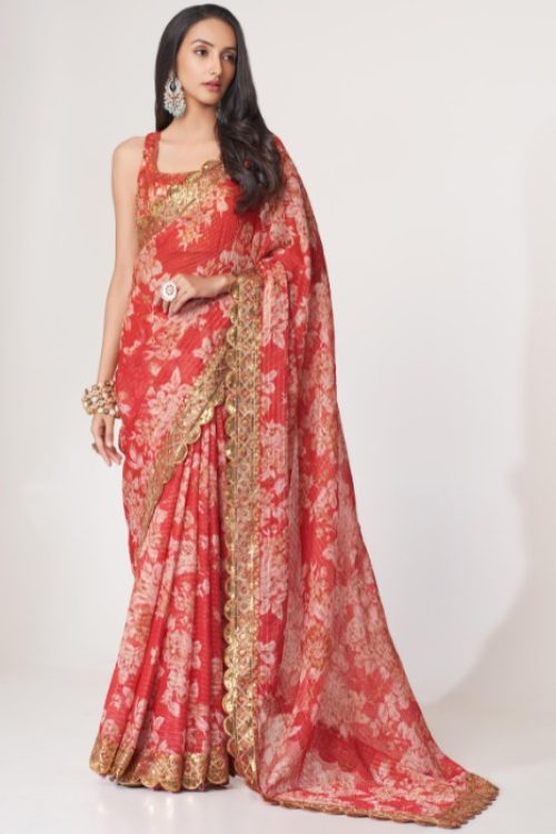 Bollywood Style Floral Printed Organza Saree