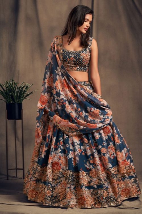 Organza Floral Printed Bollywood Lehenga Choli