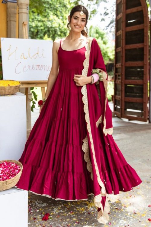 Deep Red Plain Layered Rayon Anarkali Set