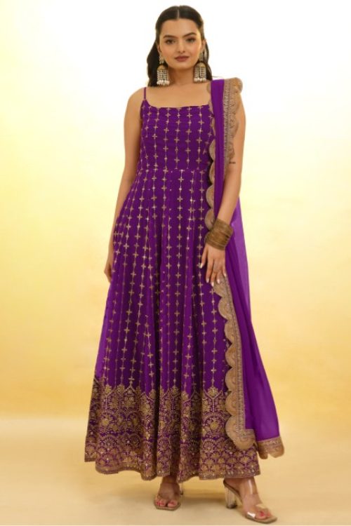 Purple Sequin Border Designer Flared Anarkali Suit