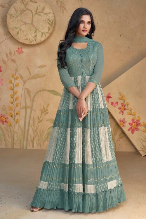 Party Wear Pastel Green Printed Georgette Anarkali Suit