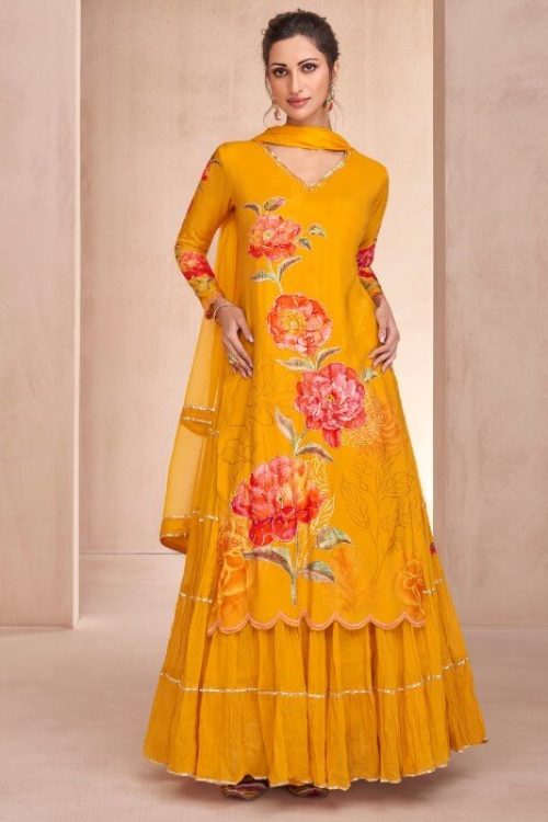 Woman Yellow Orange Muslin Printed Lehenga Suit