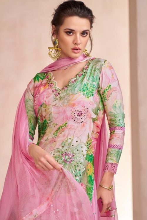 Woman Pink Muslin Printed Lehenga Suit