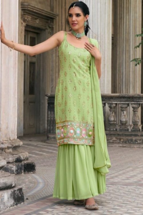 Sequin Georgette Green Sharara for Mehndi Function