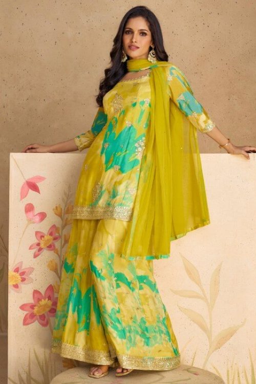 Yellow and Green Combination Sharara Suit for Festival