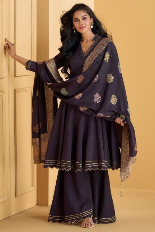 Purple Designer Suit with Banarasi Style Dupatta