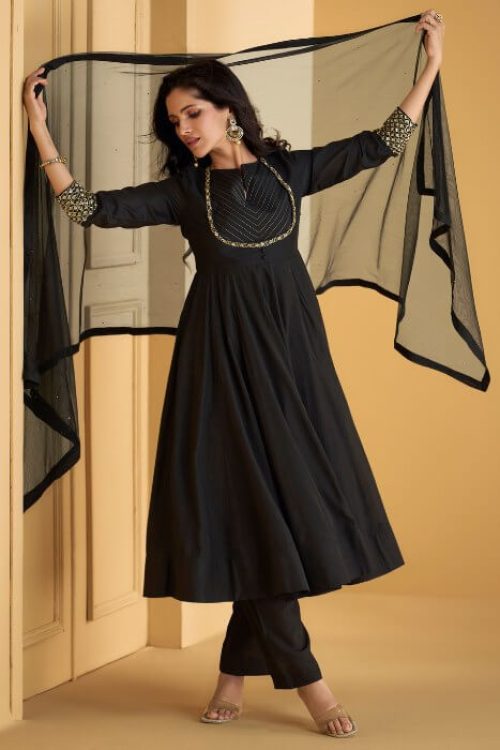 Black Pure Silk Plain Frock Suit Minimal Design