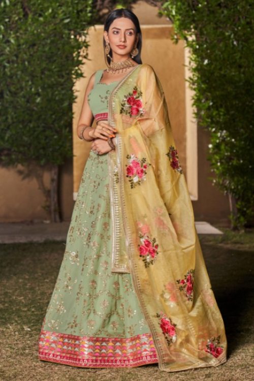 Georgette Pastel Green Bridesmaid Lehenga with Organza Dupatta