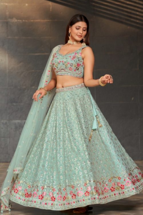 Designer Sky Blue Georgette Lehenga Styled with Sequin