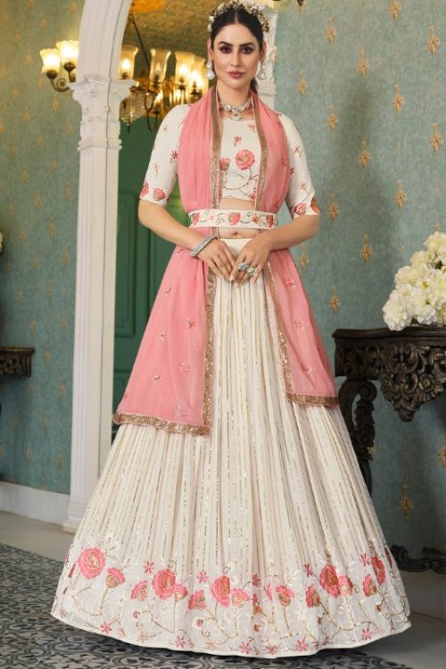 Party Wear White Georgette Sequin Cocktail Lehenga