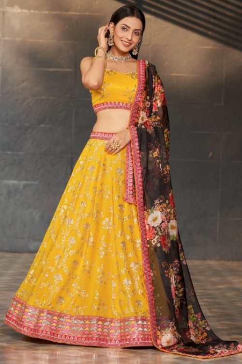 Yellow Georgette and Black Combination Lehenga with organza dupatta