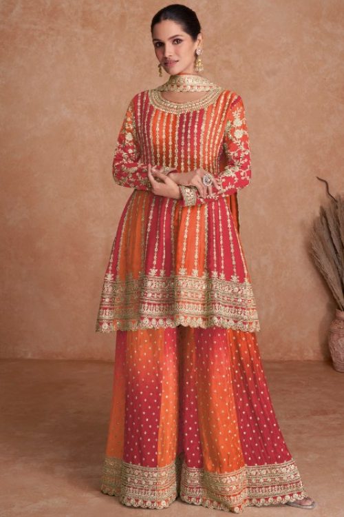 Red Orange Designer Sharara with Short Kurti in Chinon