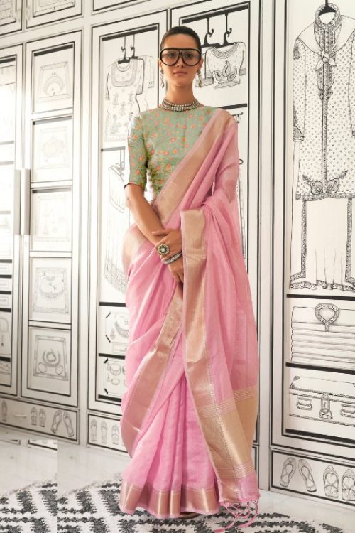 Green and Pink Combination Saree in Woven Moss Chiffon