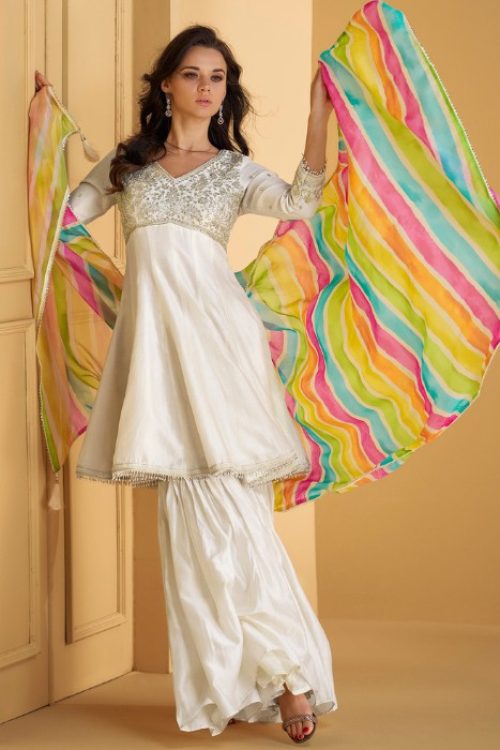 White Silk Plain Suit Women with  Striped Dupatta