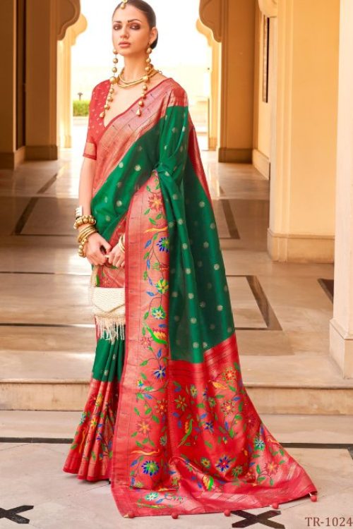 Maharashtrian Style Red Green Silk Paithani Saree