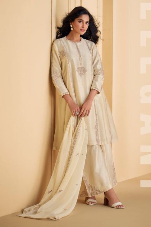 Cream Colour Silk Suit with Minimal Hand work Plazzo Combination