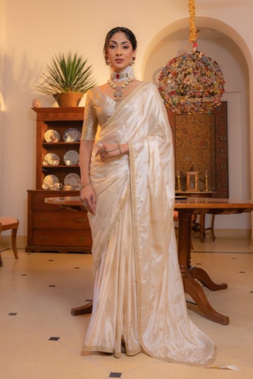 Cream Colour Satin Saree with Designer Blouse