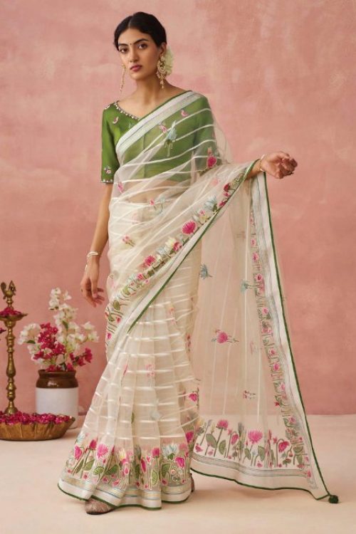 White Designer Party Wear Organza Saree with Embroidery Blouse