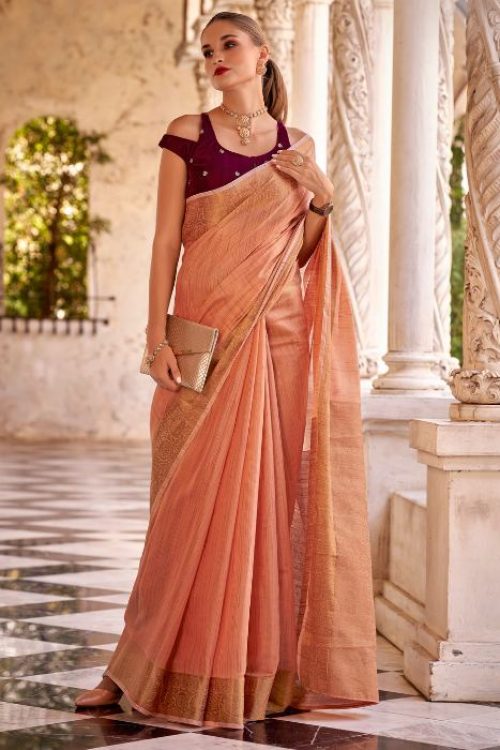 Peach Tissue Linen Woven Formal Saree with Double Blouse