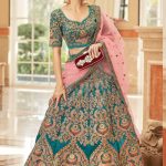 Teal Blue Velvet Lehenga with Pink Dupatta