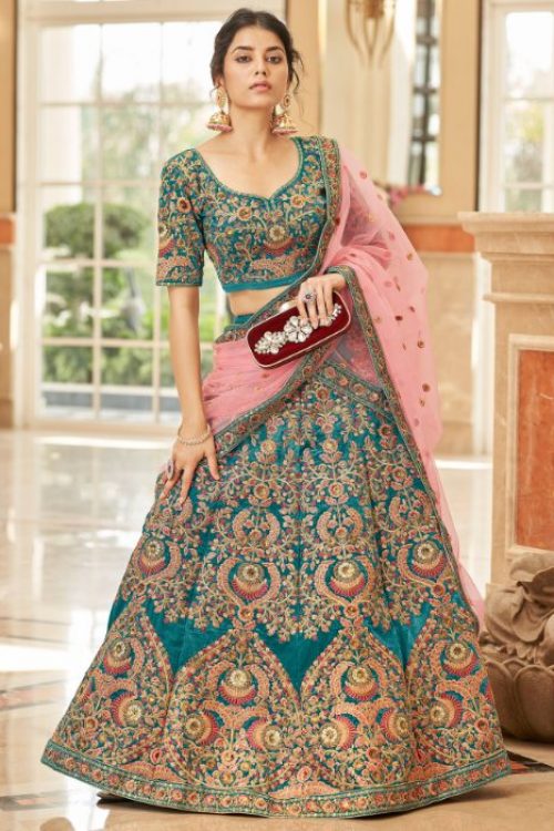 Teal Designer Velvet Lehenga for Indian Wedding