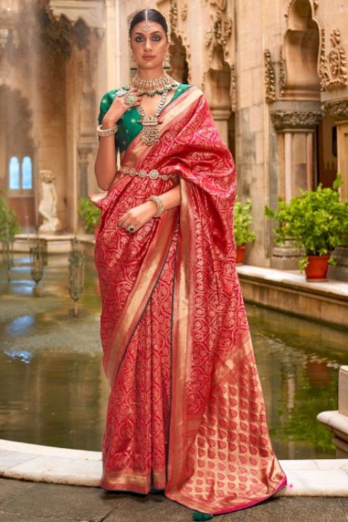 Woman Red Bridal Look in Banarasi Saree