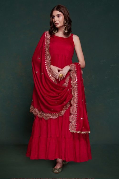 Simple Red Anarkali Suit with Scalloped Dupatta in Georgette