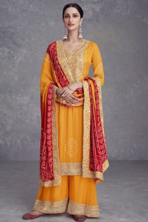 Yellow Chinon Bandhani Palazzo Suit with Mirror work