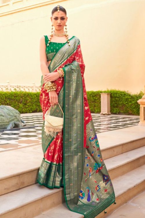 Paithani Look for Bride in Red Green Saree