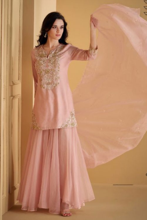 Simple yet Elegent Pink Pure Silk Sharara with Organza Dupatta