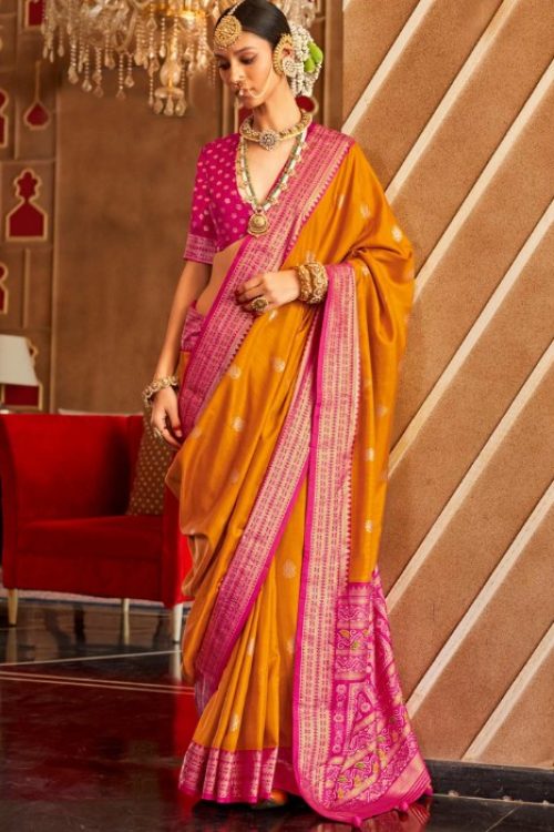 Yellow Wedding Patola Silk Saree with Pink Border