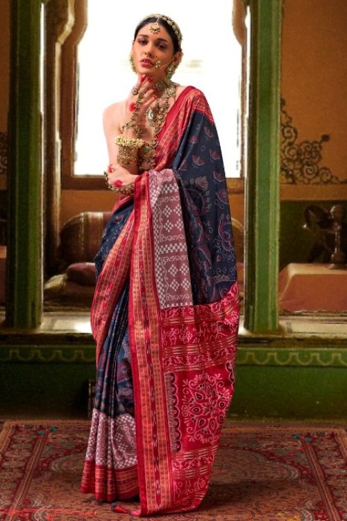 Blue Silk Saree Red Blouse Combination