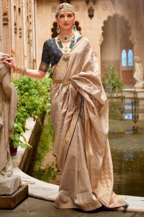 Woman Beige Bridal Look in Banarasi Saree