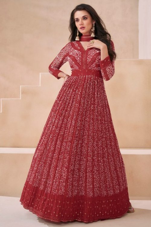 Dark Red Anarkali with Print for Festival