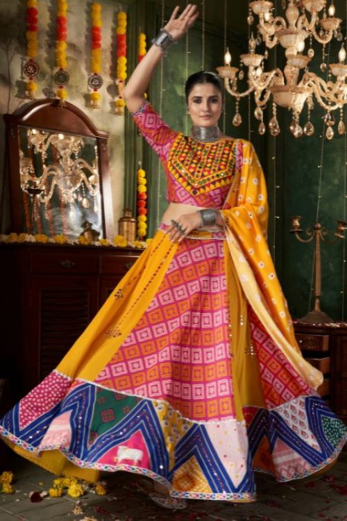 Yellow Mirror Work Garba Lehenga in Maslin