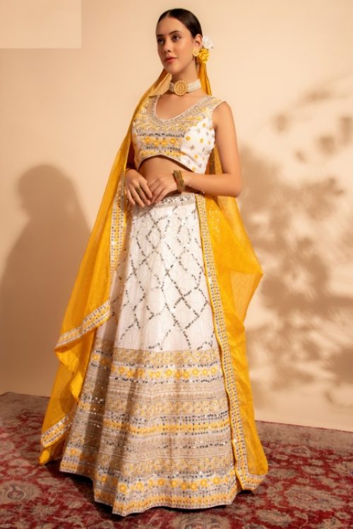 Beautiful White Lehenga Choli with Yellow dupatta