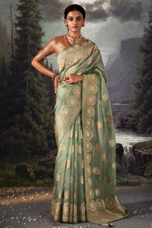 Pista Organza Wedding Banarasi Zari Weaving Saree