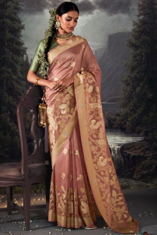 Rose Gold Organza Wedding Banarasi Zari Weaving Saree