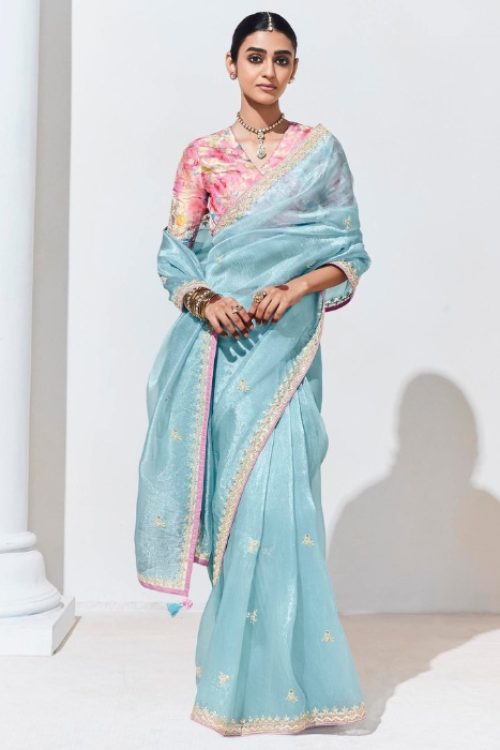 Sky Blue Wedding Organza Saree