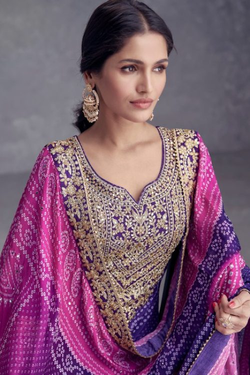 Blue Chinon Bandhani Palazzo Suit with Mirror work