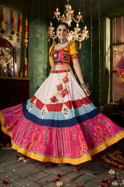 White Gujarati Traditional Chaniya Choli for Navratri