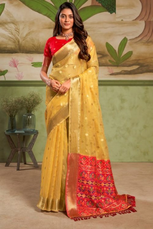 Indian Designer Stylish Yellow Cotton Saree for Festival