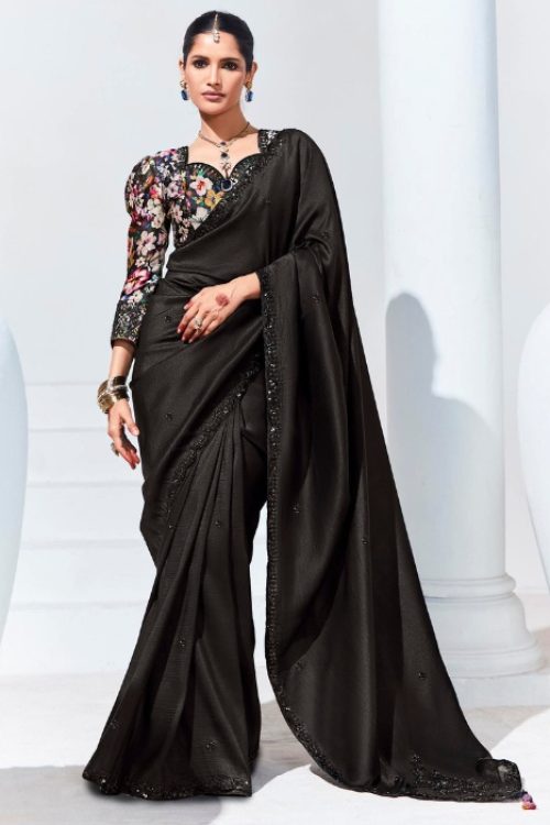 Black Organza Saree with Printed Blouse For cocktail Party