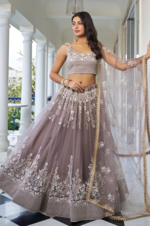 Dusty Brown Modern Bride’s maid Net Lehenga Choli