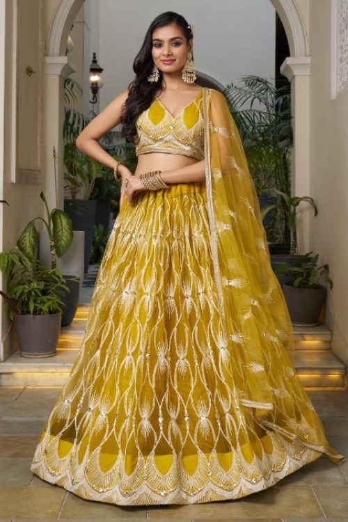 Yellow Modern Haldi Lehenga in Net