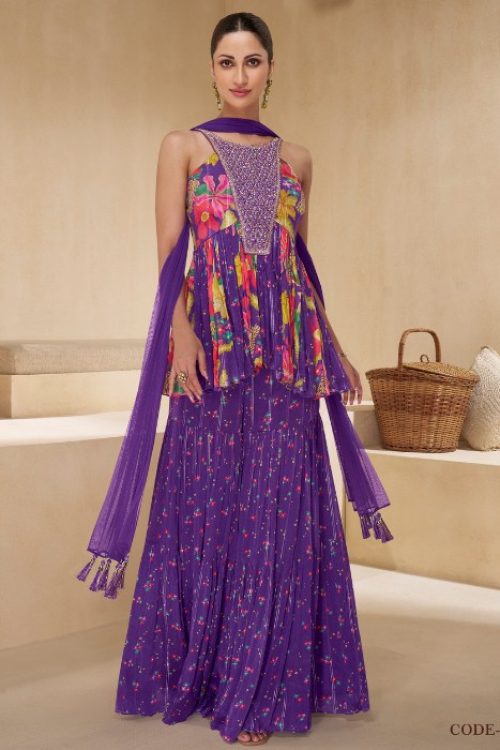 Purple Sharara Suit styled with Prints & hand work