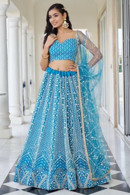 Net Sky Blue Lehenga Choli in White Thread