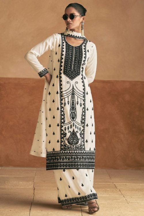 Black and White Punjabi Chinon Silk Suit