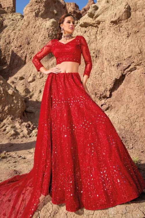 Red Net Lehenga Reception Look Styled with Mirror Work